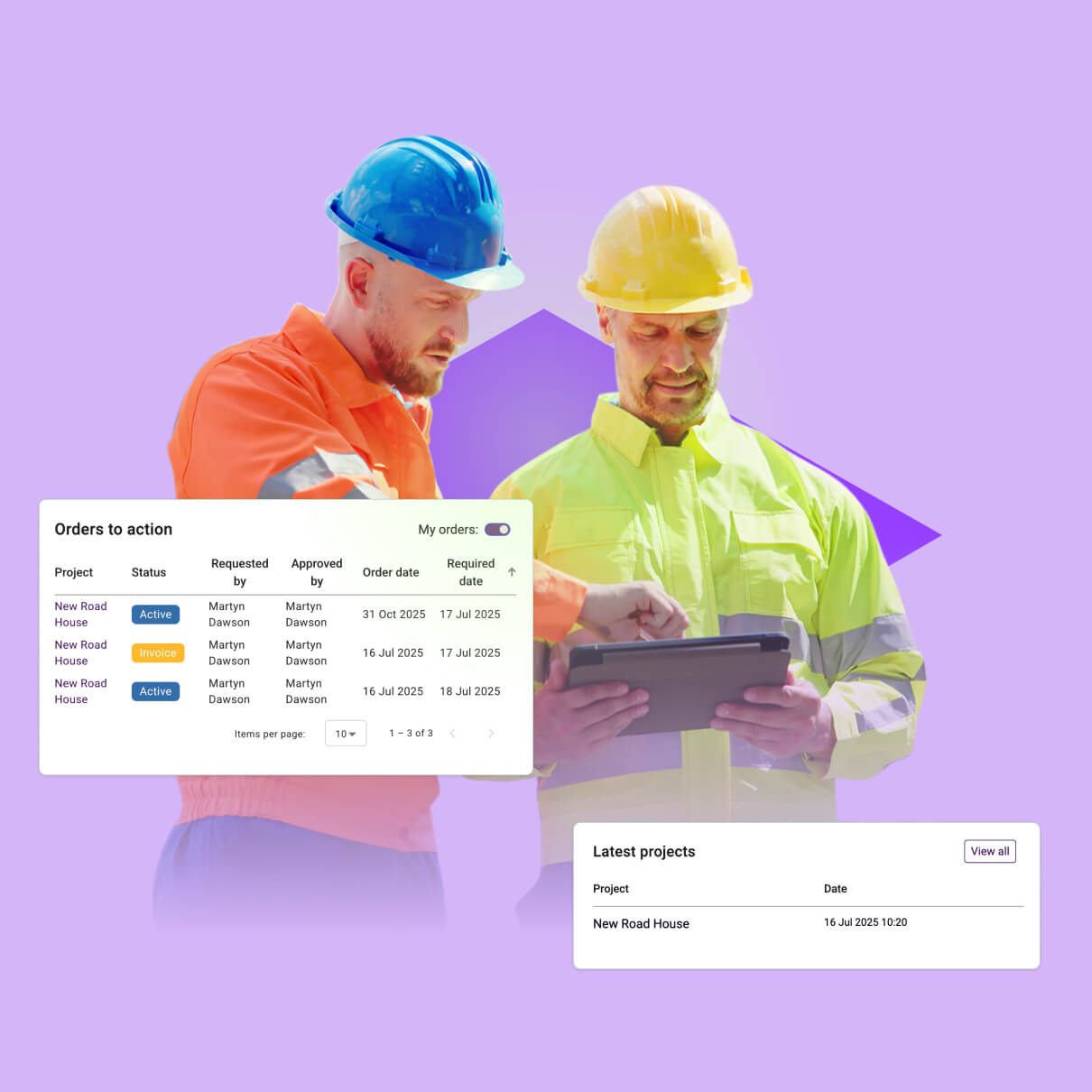 Two construction professionals reviewing 'Orders to action' and 'Latest projects' on the ONSO digital dashboard, highlighting shared team visibility and self-serve analytics for efficient project management.