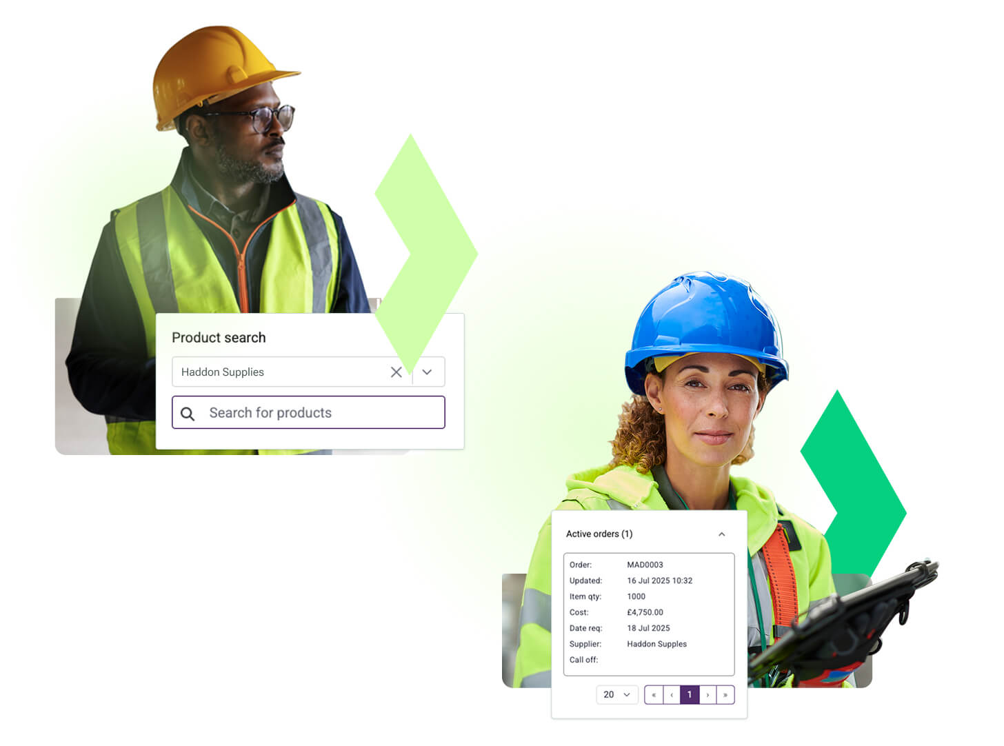 ONSO's procurement interface showing product search for onsite teams and active order review for project management, maximizing efficiencies from the start of the construction supply chain.
