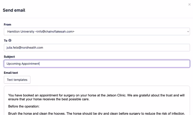 Provet email compose screen for horse surgery appointment at Jetson Clinic