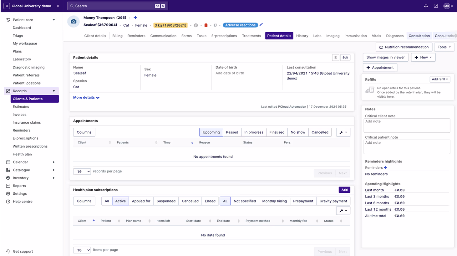 Provet veterinary software patient details screen for Sealeaf the cat