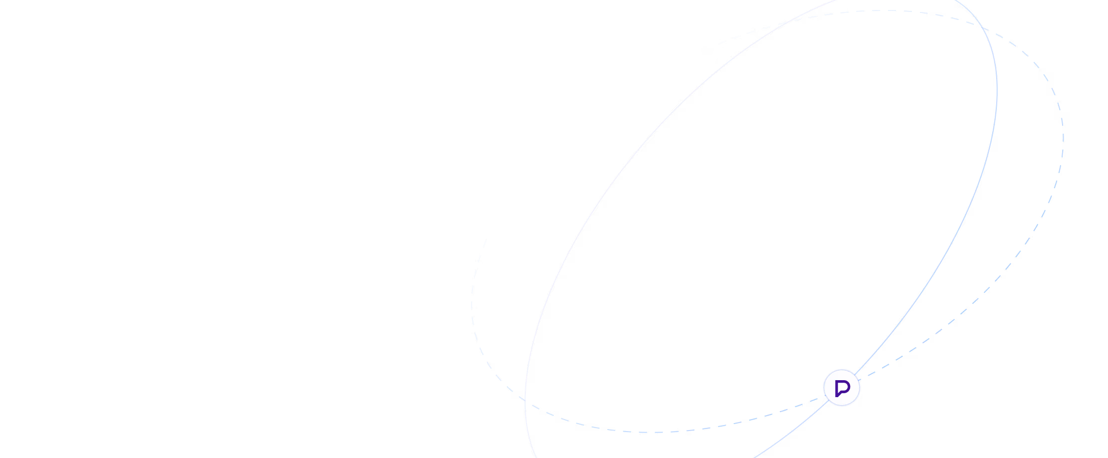 Dark background with white and dashed blue elliptical orbit lines surrounding a glowing circular icon.