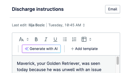 Screenshot of a discharge instructions editor showing text about a Golden Retriever dog named Maverick who was seen for an illness, with options to generate text with AI and add a template.