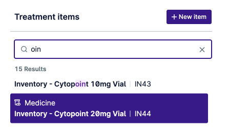Search results for 'oin' under Treatment items showing two Inventory - Cytopoint Vials: 10mg with code IN43 and 20mg with code IN44, with the latter highlighted.