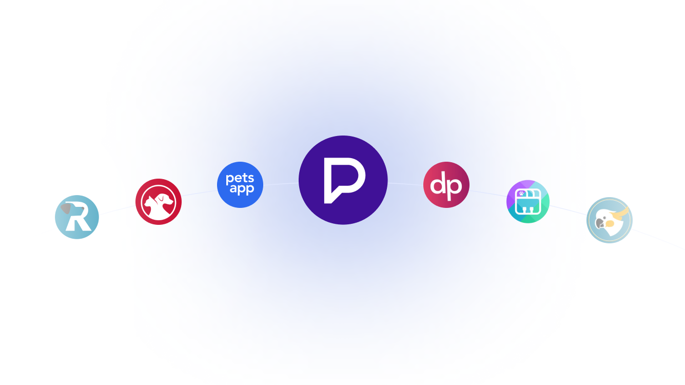 Seven circular app icons arranged in an arc with a large purple icon featuring a white chat bubble in the center.