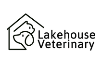 Lakehouse Veterinary logo featuring a stylized house outline with a dog and cat inside.