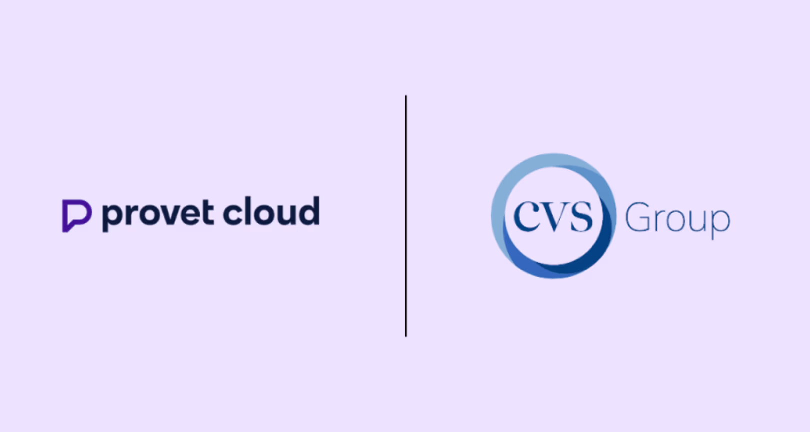 Provet Cloud logo with a purple stylized P, and CVS Group logo with overlapping blue circles and text.