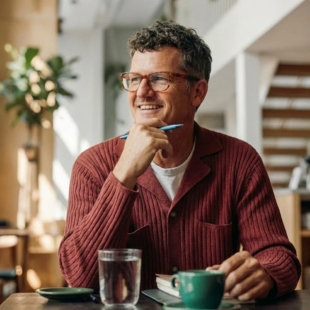 Homme souriant portant des lunettes avec un stylo bleu à la main, assis à une table avec une tasse et un verre d'eau.