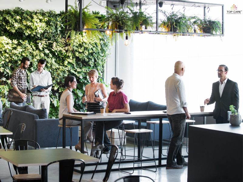 A modern office space with six people engaged in casual discussions, surrounded by green plants and natural light.