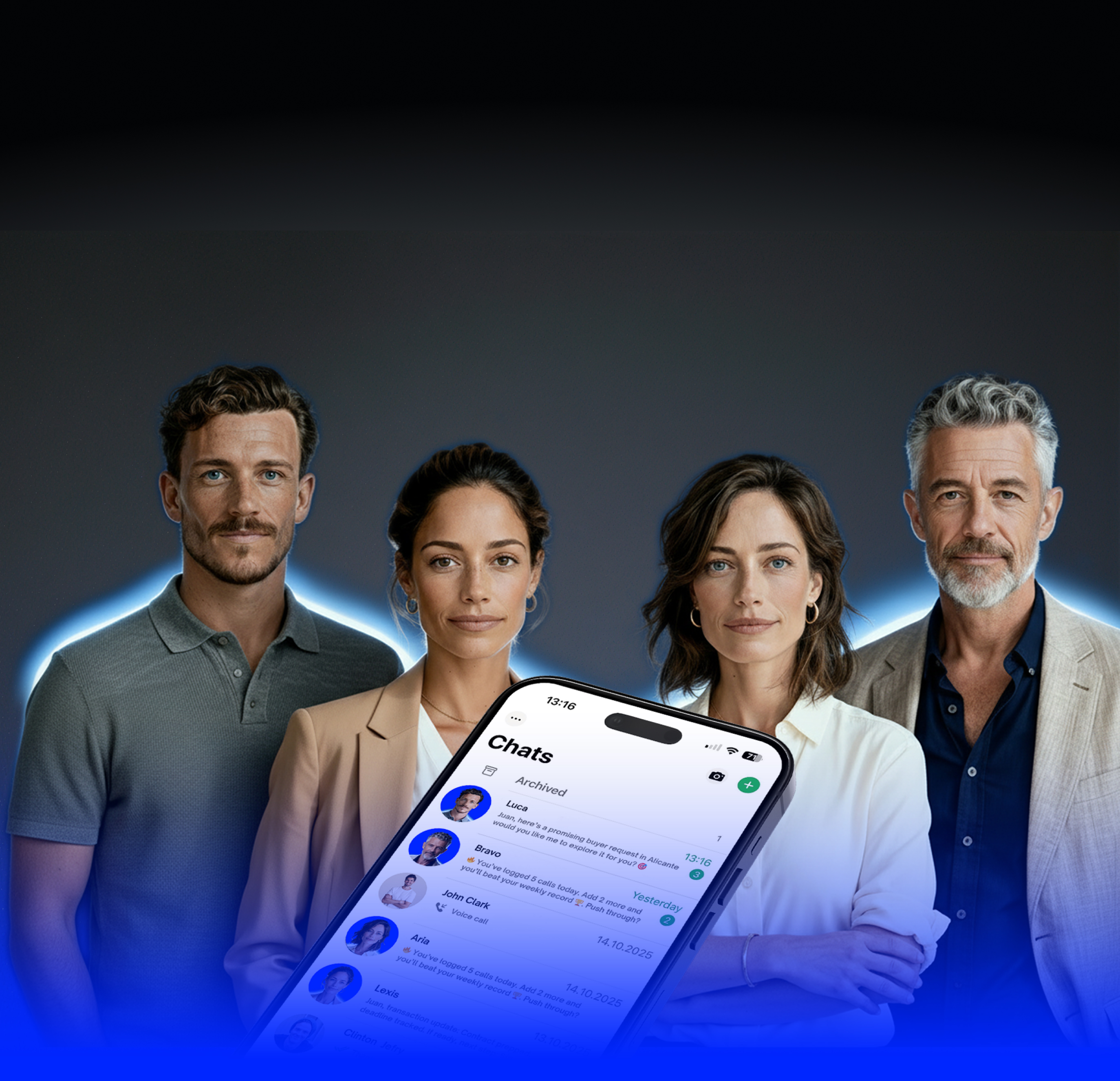 A photo of our four avatars. Four people: a young man with a short beard, Luca. Next to him, a young woman, Lexis — tan-skinned with black hair. Beside her is Aria, fair-skinned with light brown hair. On the right stands an older man, Bravo, with a gray beard. All look fit and well-groomed.