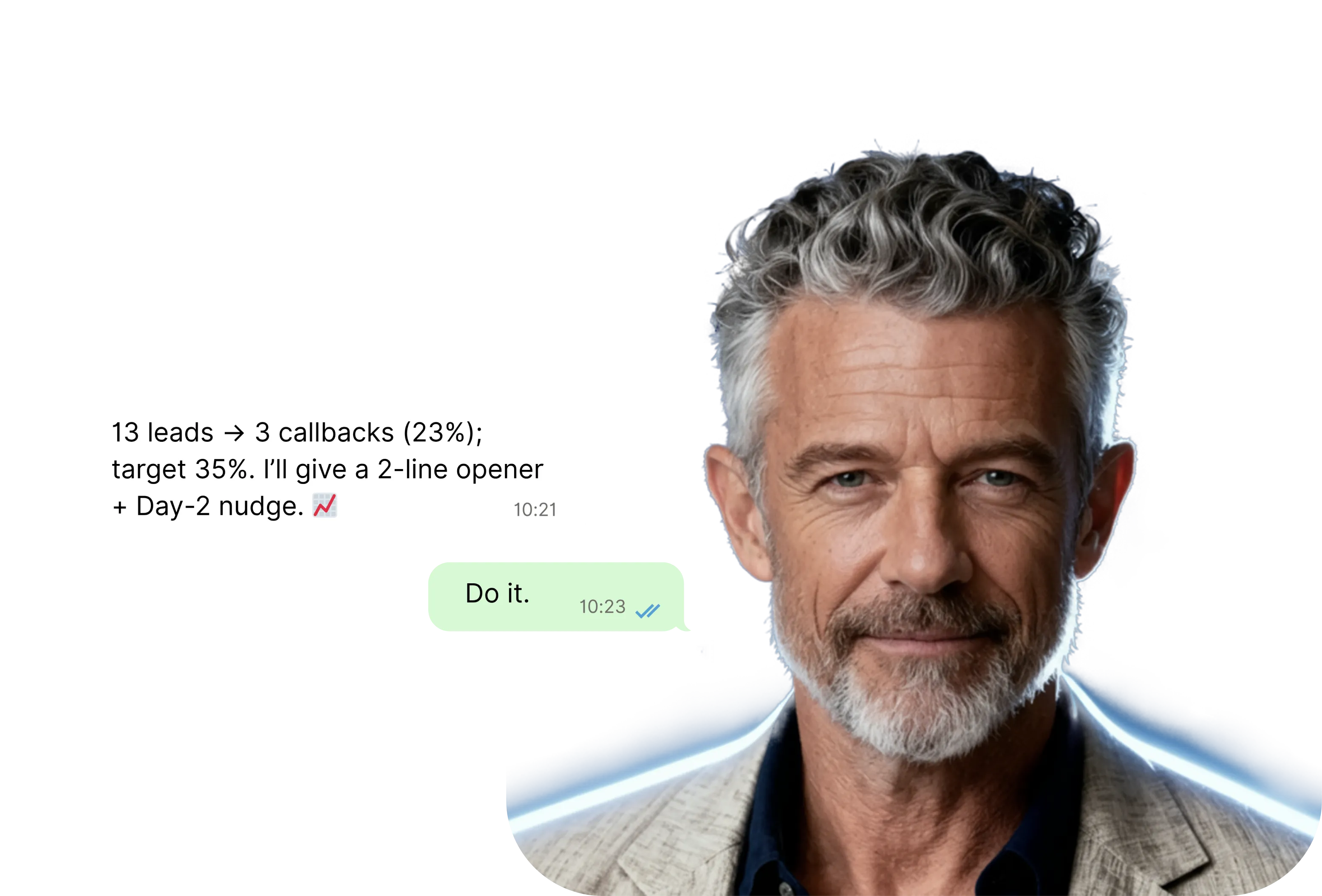 Older man, Bravo, with a gray beard. Next to him, WhatsApp message text.