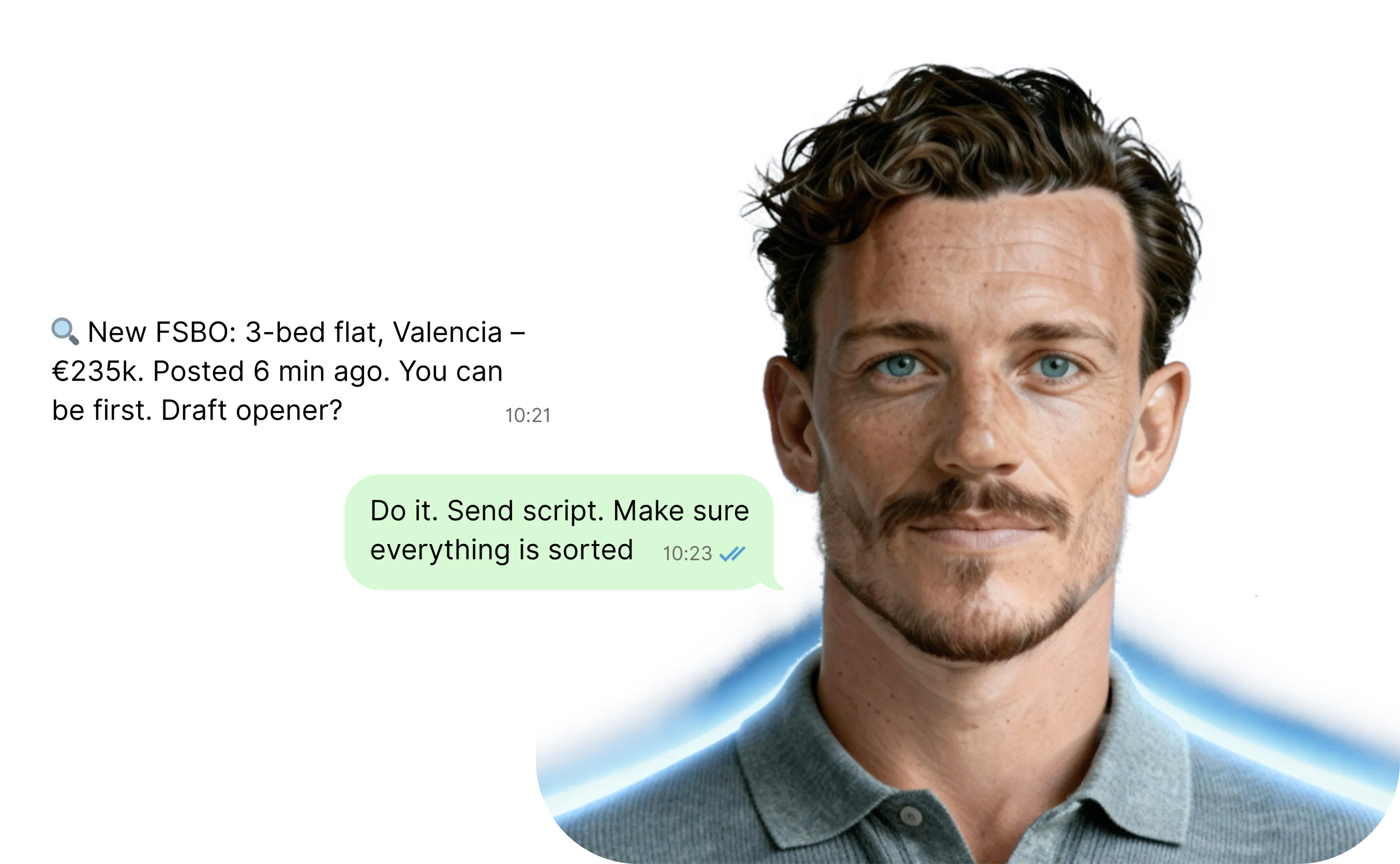 A young man with a short beard, Luca. Next to him, WhatsApp message text.