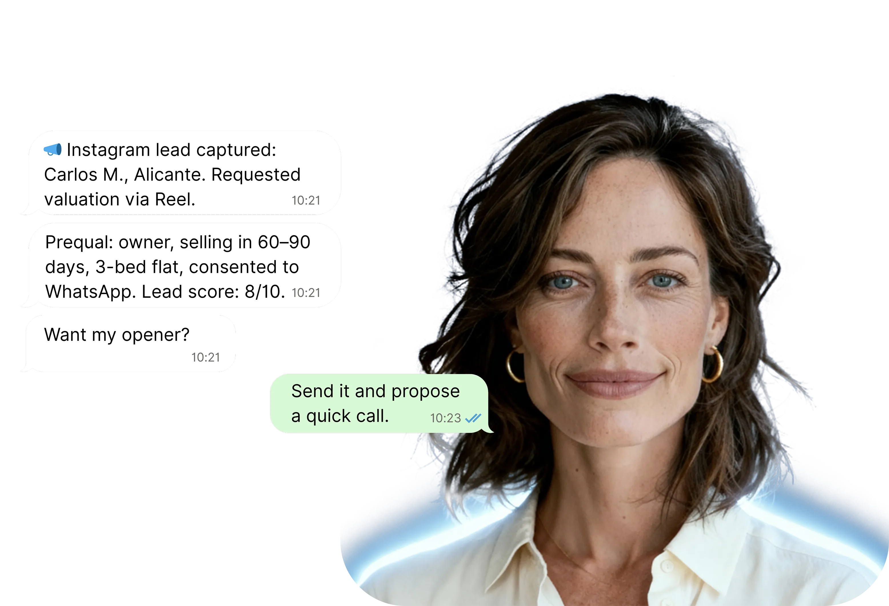 Aria, fair-skinned with light brown hair.. Next to him, WhatsApp message text.