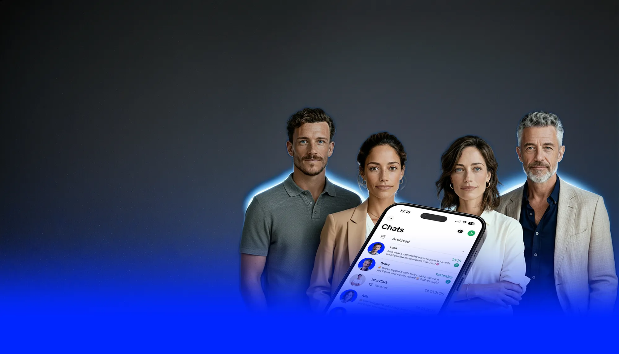 A photo of our four avatars. Four people: a young man with a short beard, Luca. Next to him, a young woman, Lexis — tan-skinned with black hair. Beside her is Aria, fair-skinned with light brown hair. On the right stands an older man, Bravo, with a gray beard. All look fit and well-groomed.