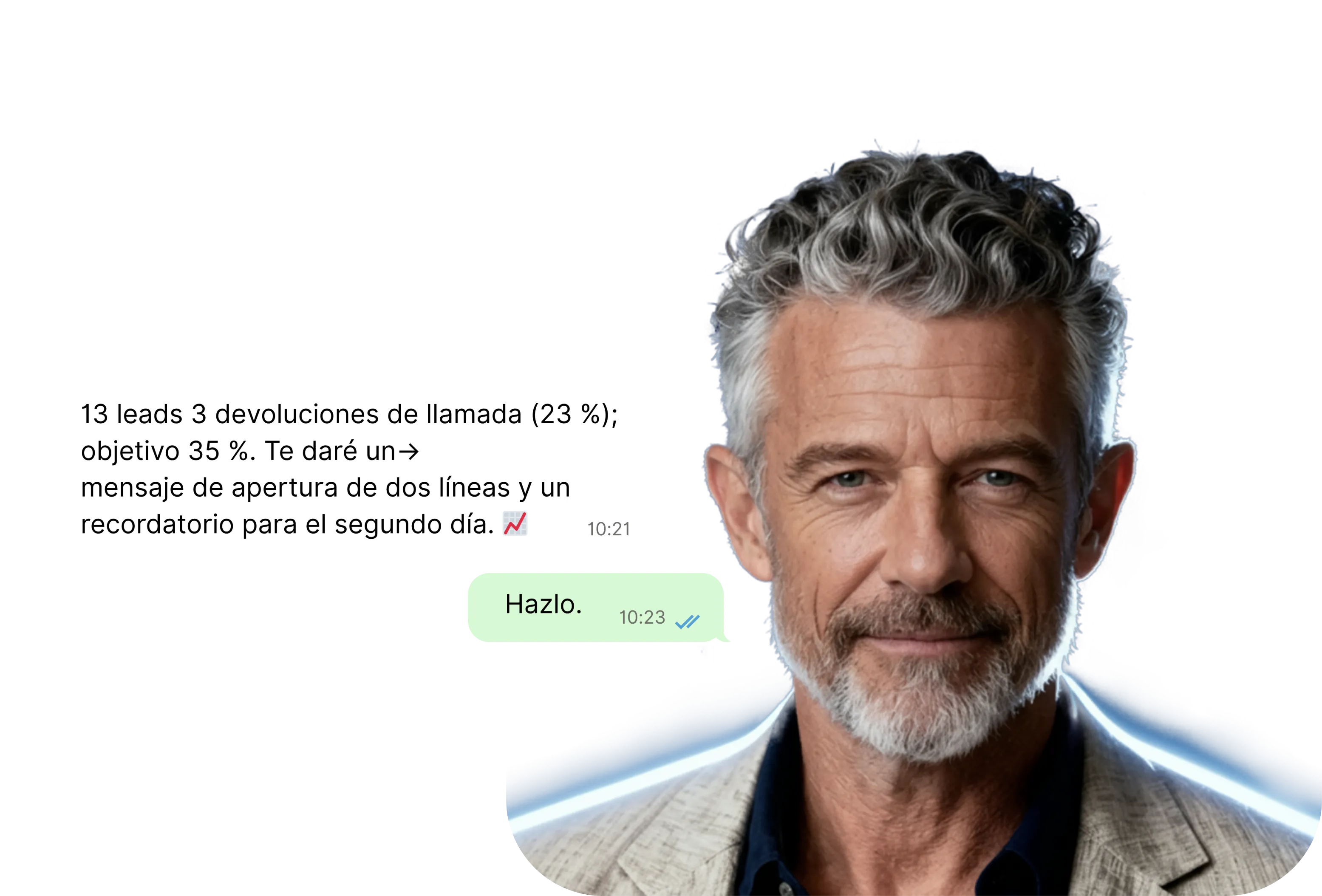 Older man, Bravo, with a gray beard. Next to him, WhatsApp message text.