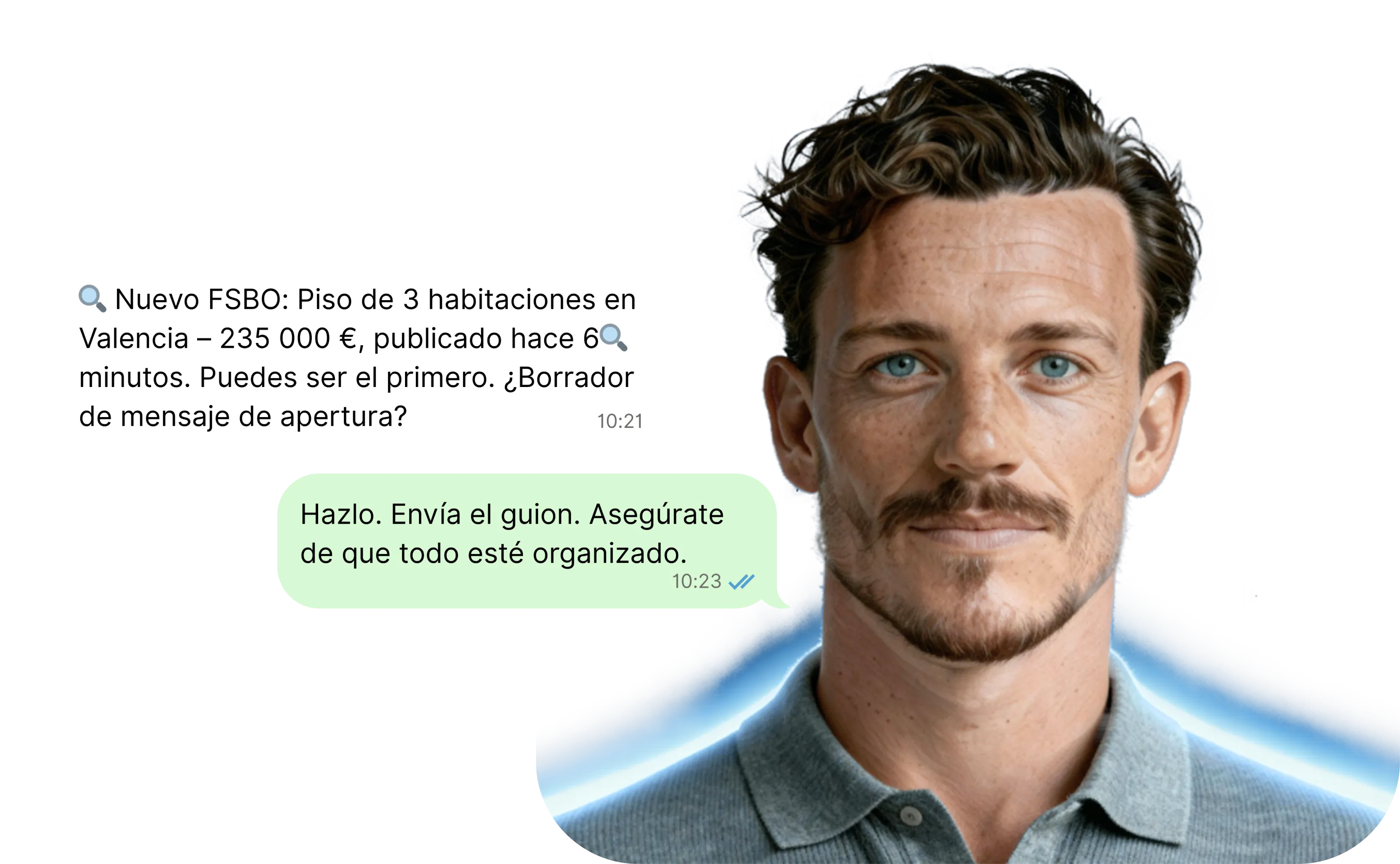 A young man with a short beard, Luca. Next to him, WhatsApp message text.