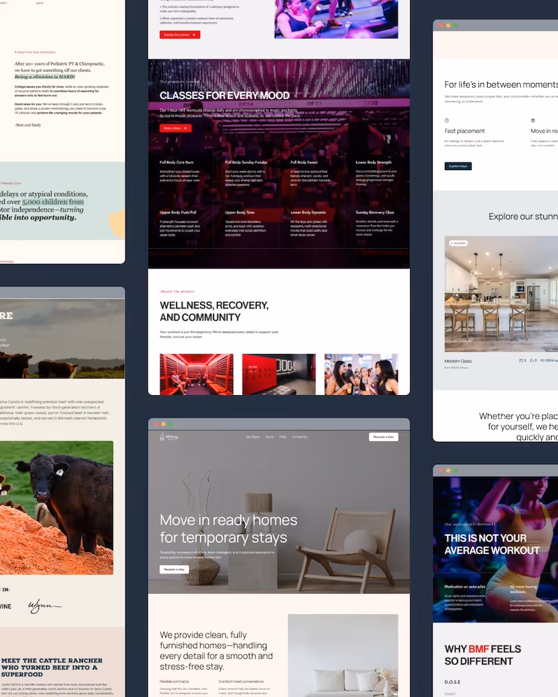 Collage of six different website designs including wellness and recovery classes, move-in ready homes, premium beef farming, and lifestyle content.