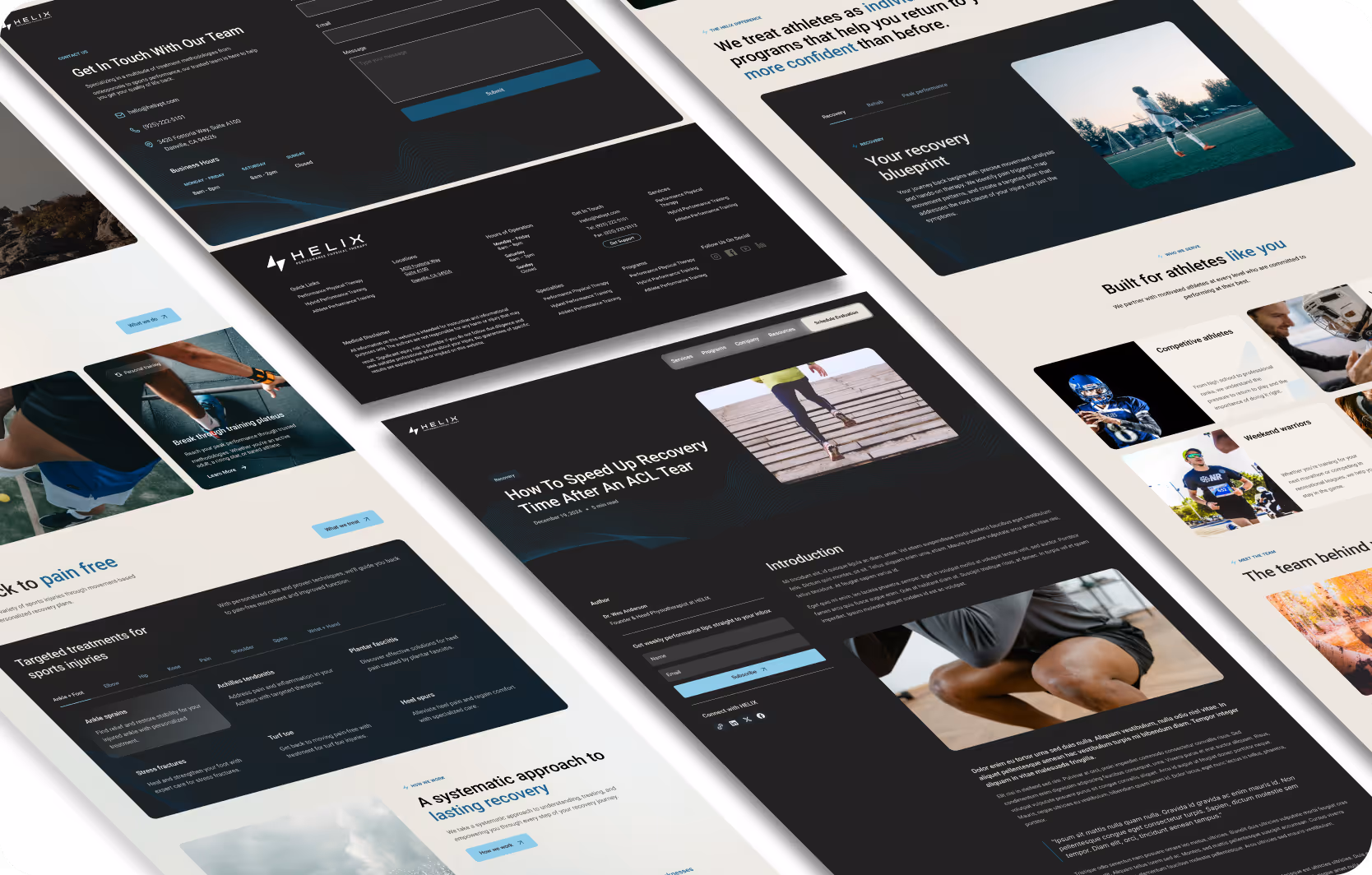 Multiple angled screenshots of a sports injury recovery website showing articles, contact form, athlete programs, and treatment info.
