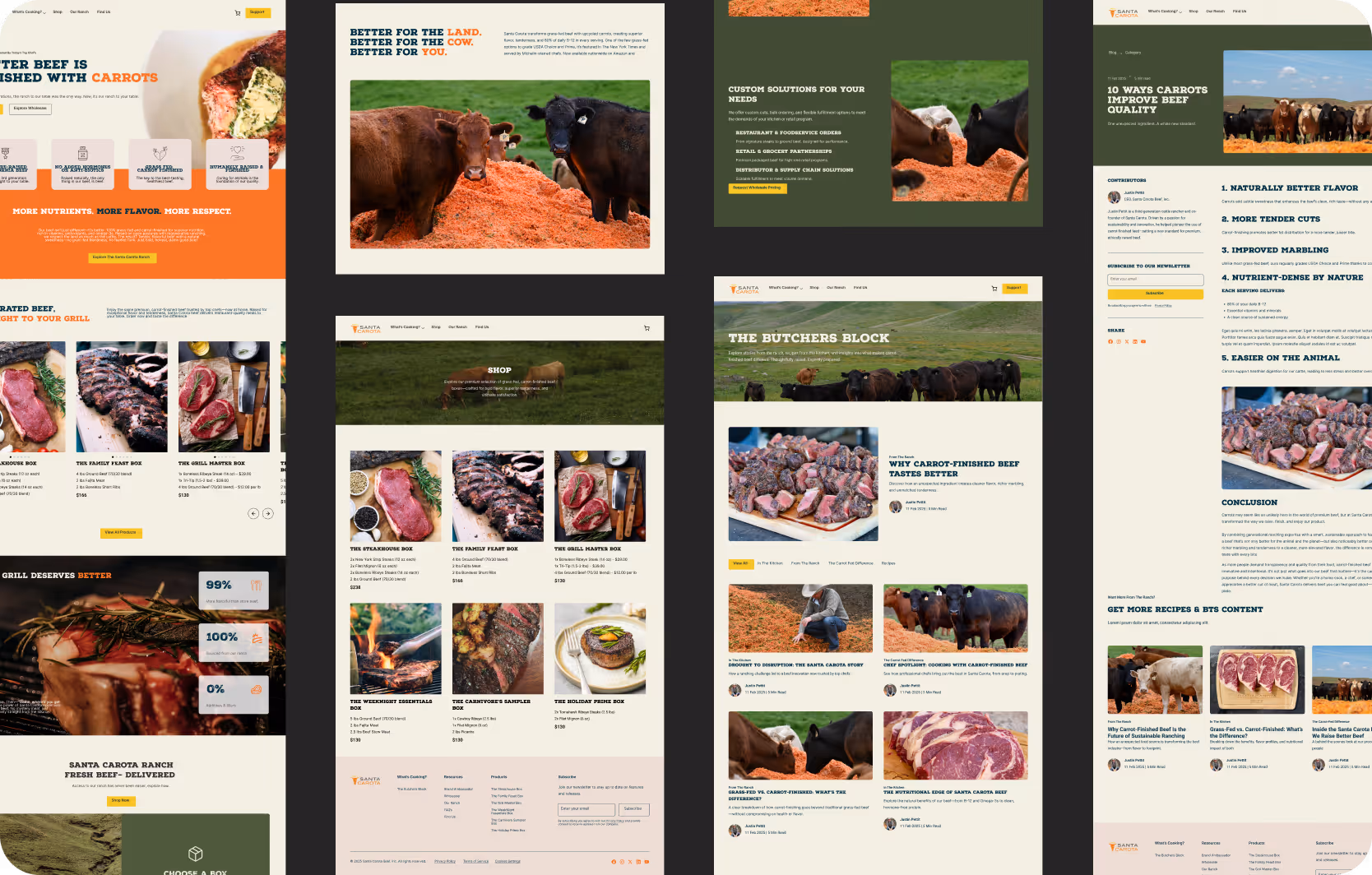 Website layout showcasing Santa Carota Ranch's carrot-finished beef, including product boxes, beef cuts, benefits of carrot-fed beef, and cattle images in green pastures.