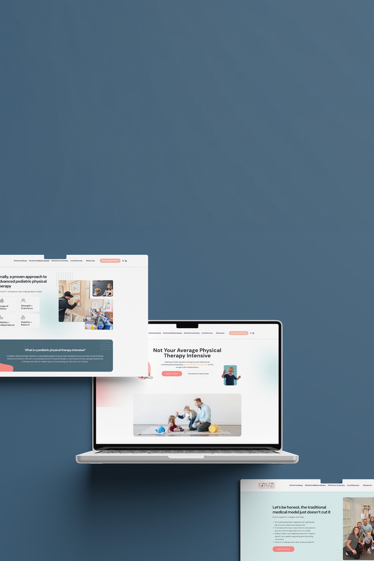 Laptop displaying a pediatric physical therapy website with images of a family and children engaging in therapy activities.