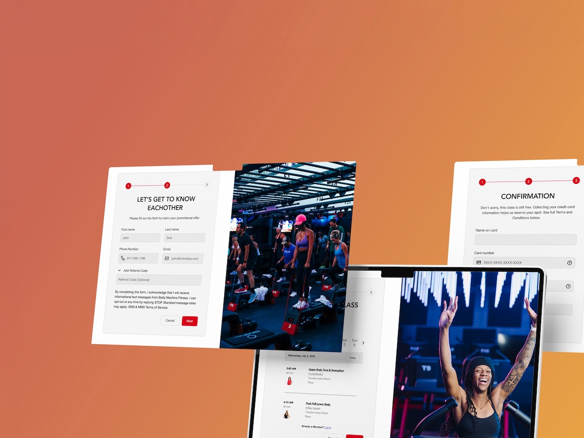 Screens showing a fitness class signup form, workout session with people exercising, class schedule, and a smiling woman exercising indoors.