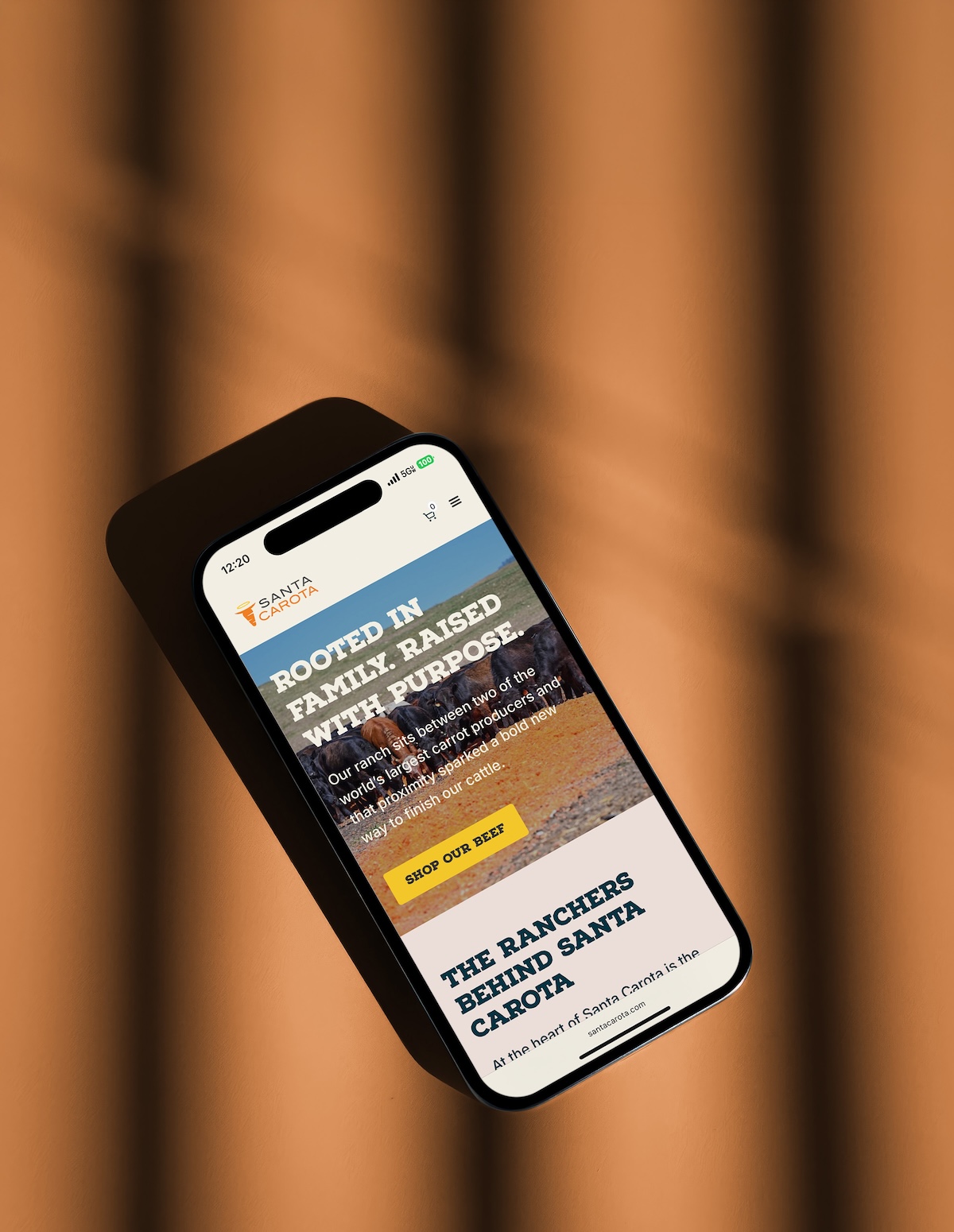Smartphone displaying Santa Carota website page with ranch and cattle information and a 'Shop Our Beef' button.