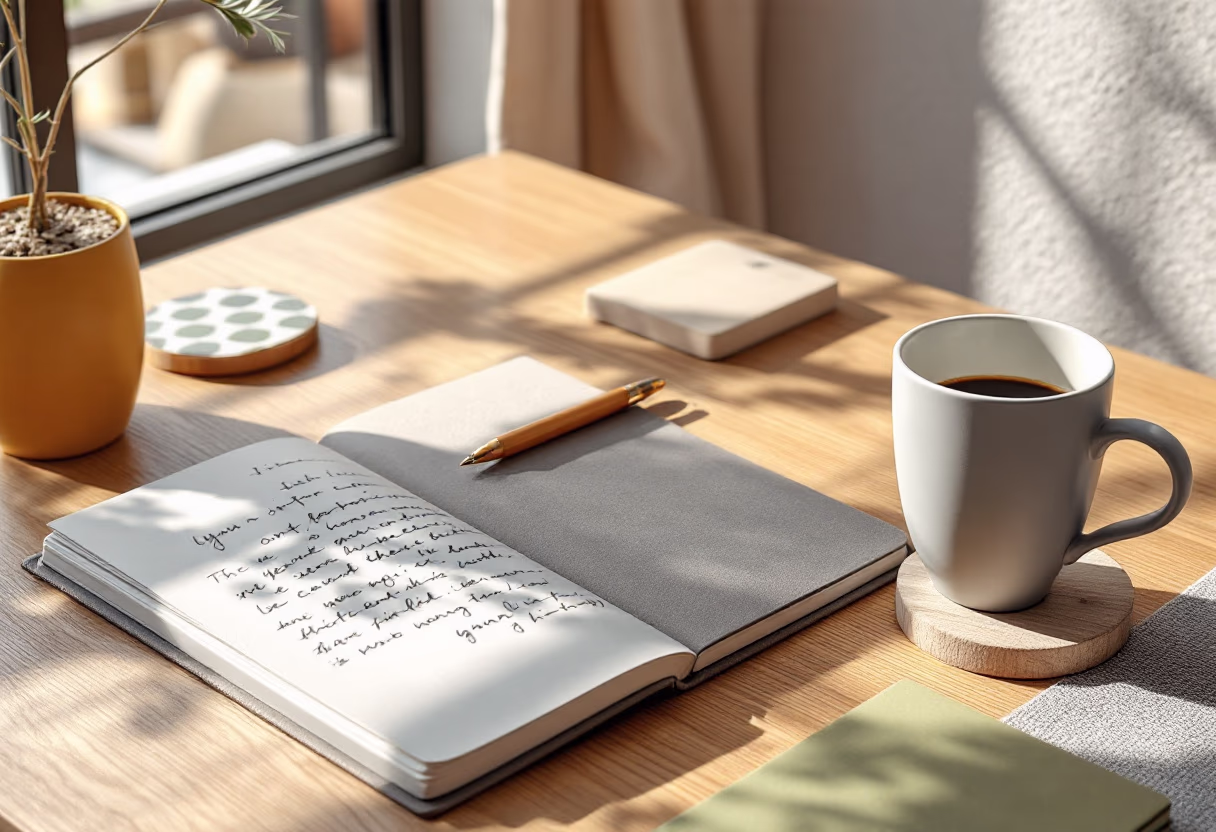 image of a notebook and a coffee cup on a desk