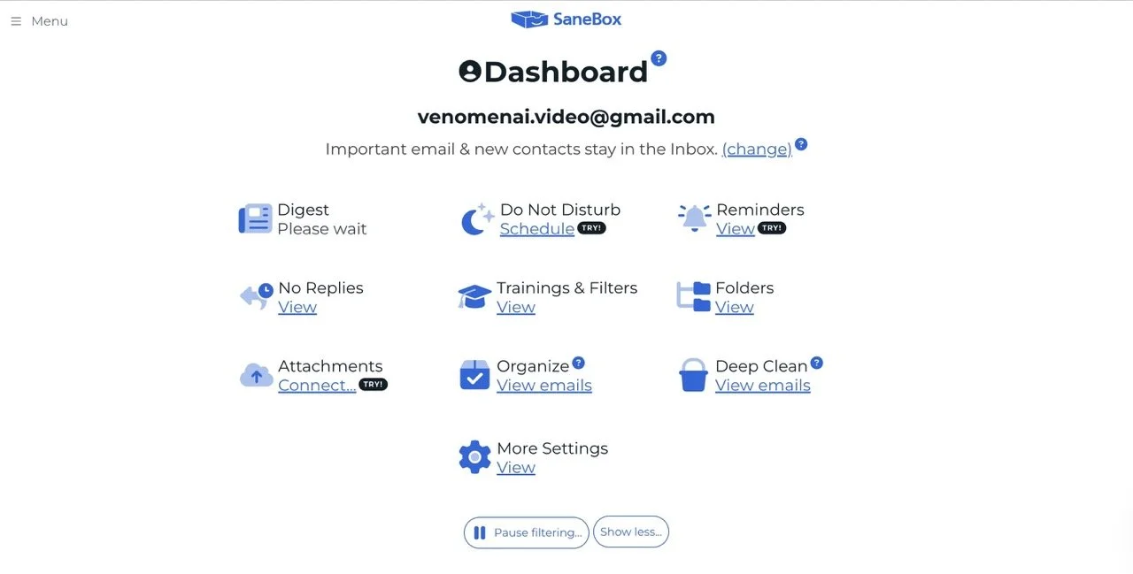 Sanebox Dashboard Screenshot
