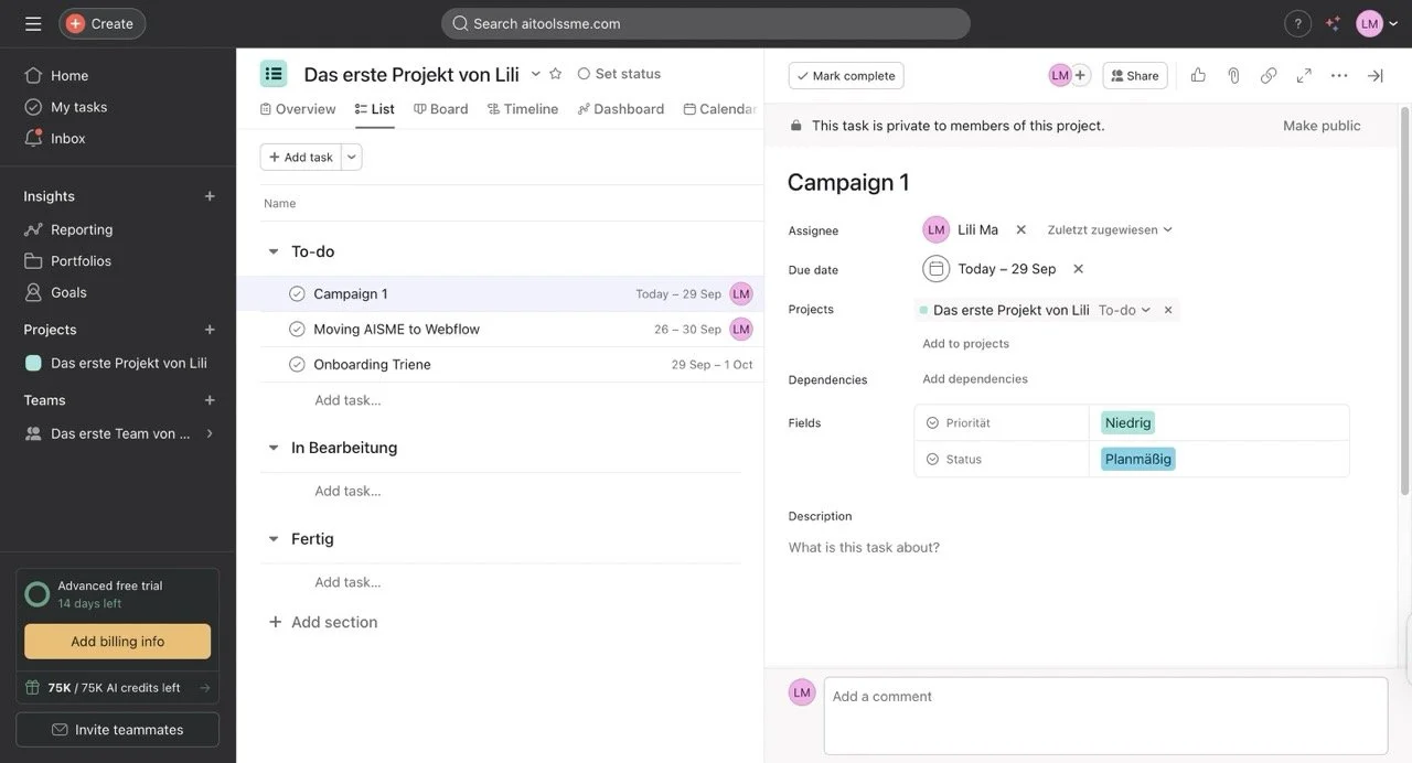 Asana Dashboard Screenshot