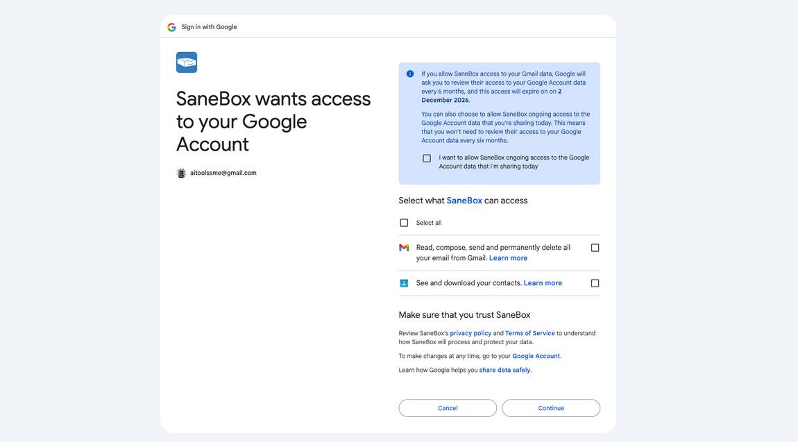 SaneBox - Connect Gmail