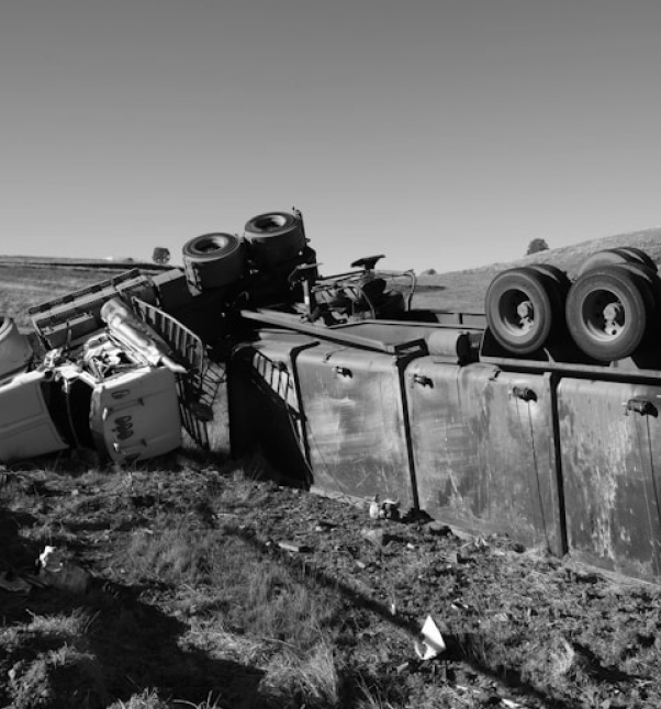 Overturned truck lying on its side in a field.
