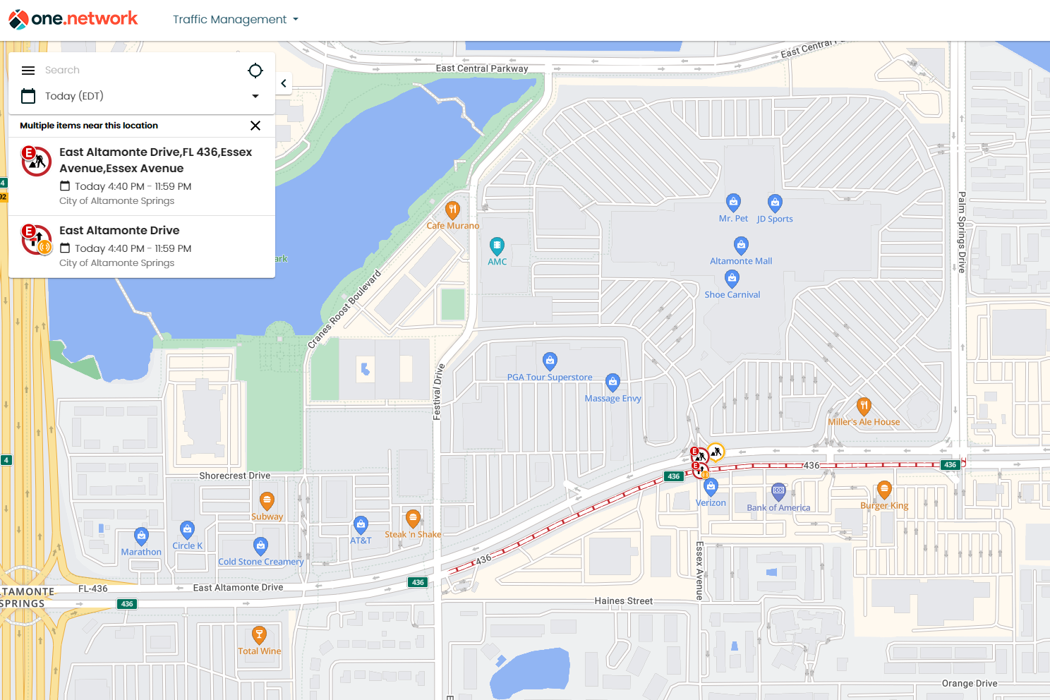 Screenshot of one.network traffic management user interface featuring a map with markers highlighting construction projects