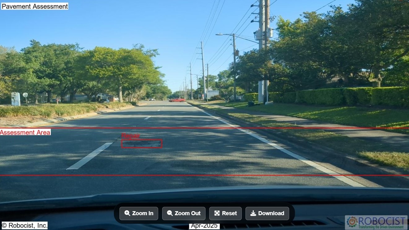 Road view with tagged damage in the Robocist app
