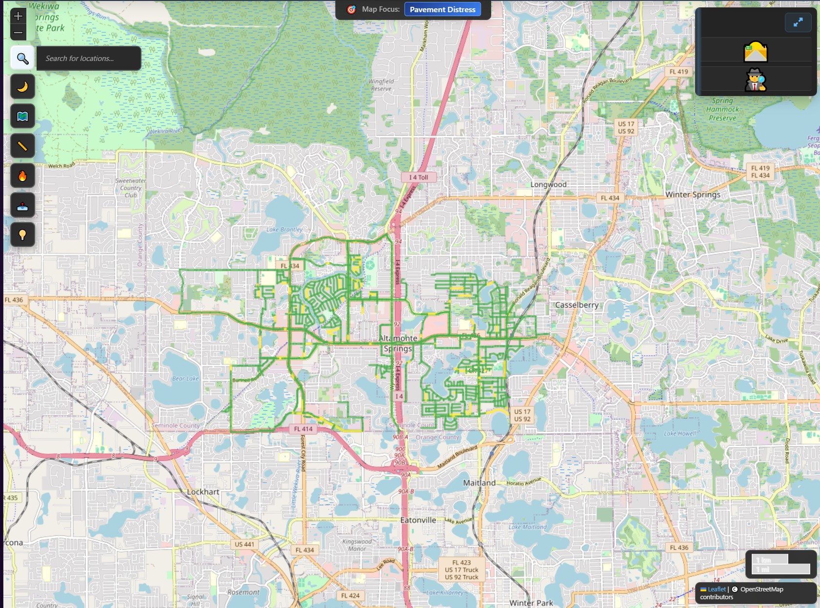 City map highlighting the 80 miles of roads analyzed by the Robocist app
