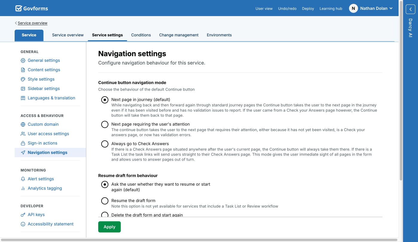 Navigation settings in the Builder, showing Continue button navigation modes and saved-draft behaviour