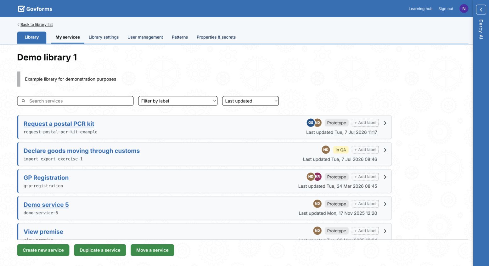 Demo library 1 service list in Govforms Builder.