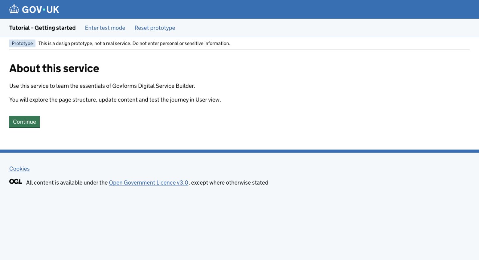 Govforms User view showing the updated introductory page.