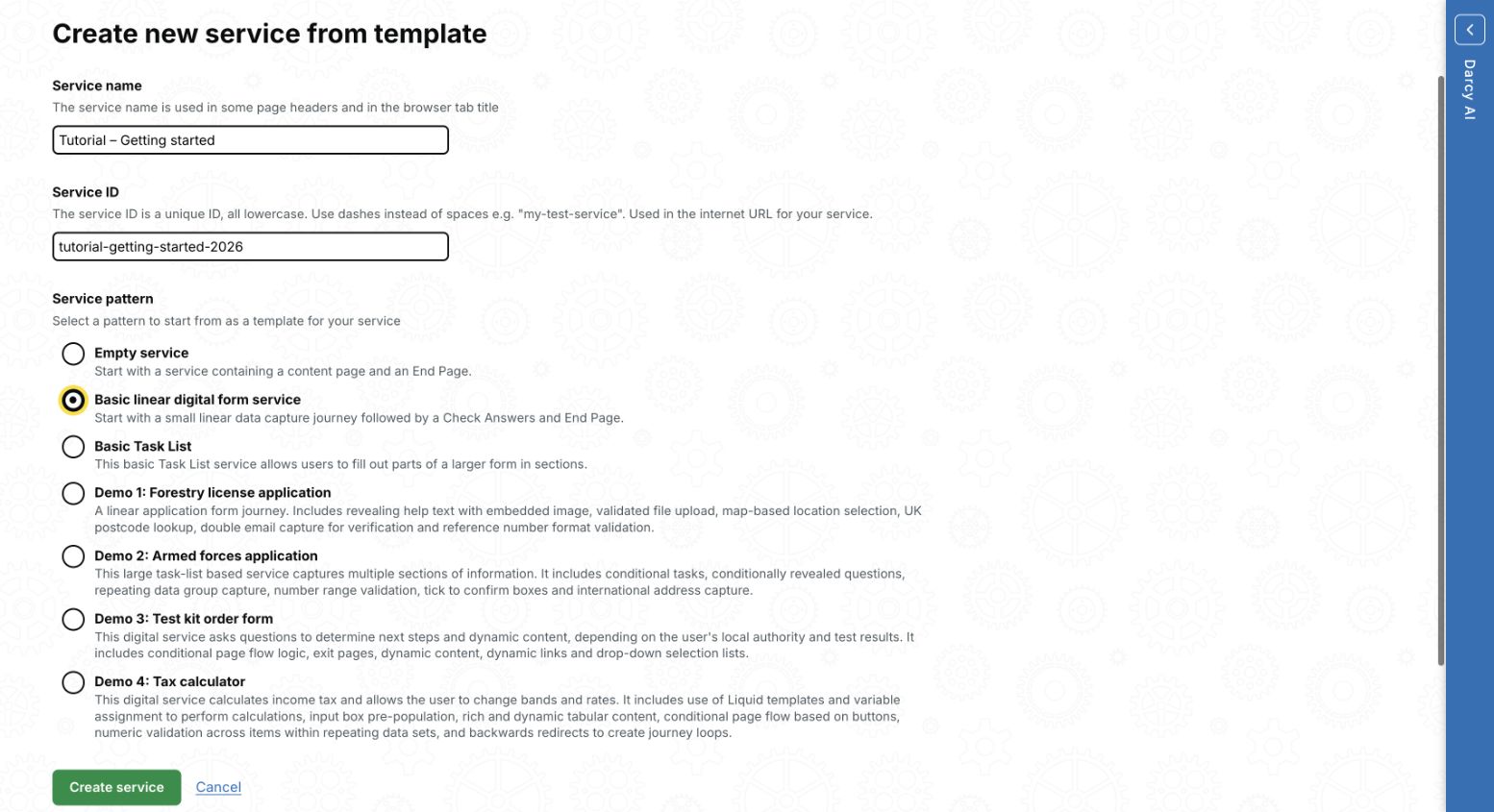 Create new service screen with Basic linear digital form service selected.