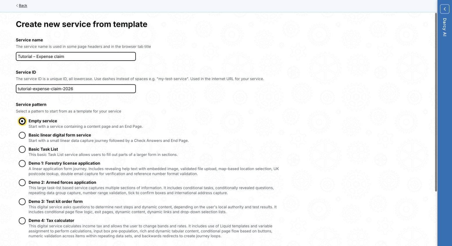 Create new service screen with Empty service selected.