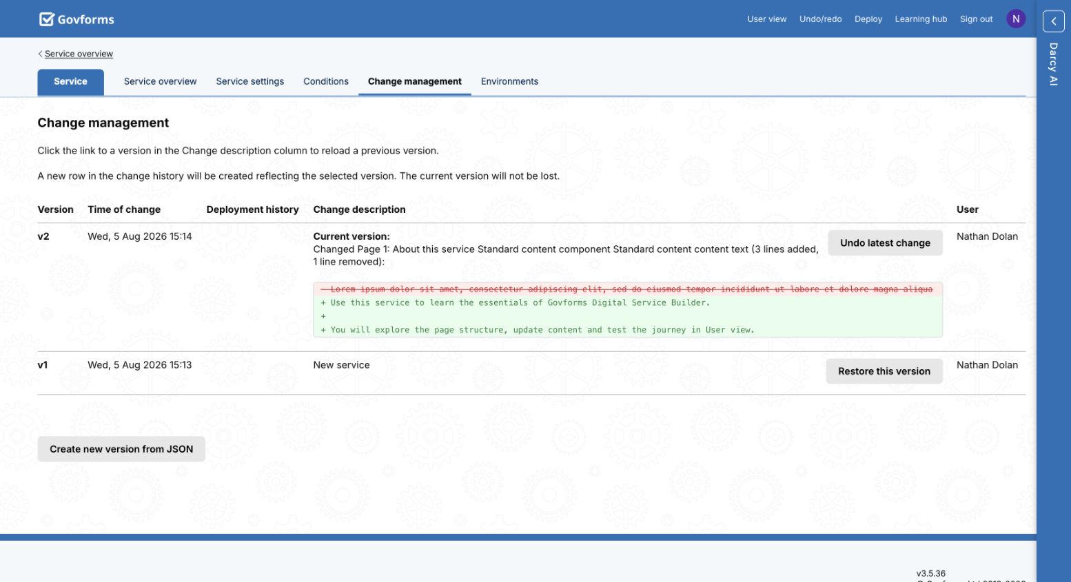 Change management screen showing current and previous service versions.
