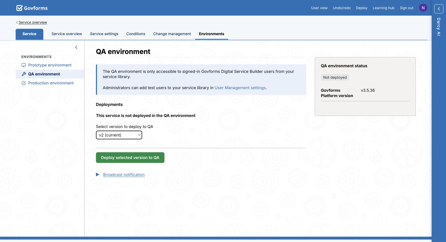 QA environment screen with version selector and deployment button.