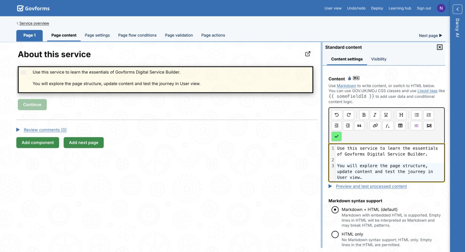 Standard content component being edited in Govforms Builder.
