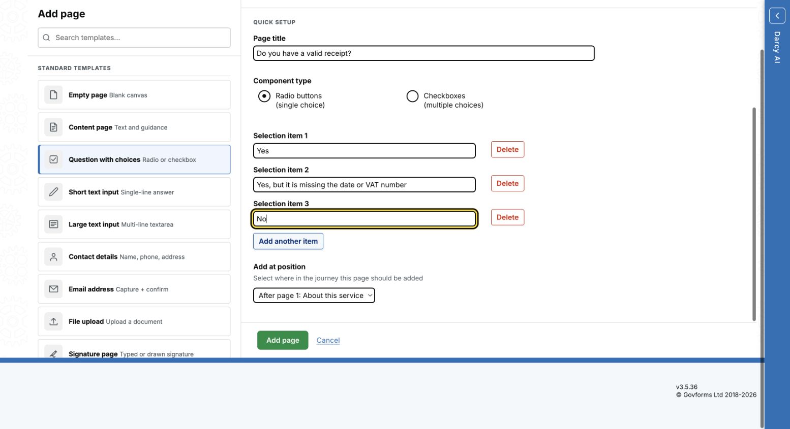 Current Add page template gallery with receipt question details.
