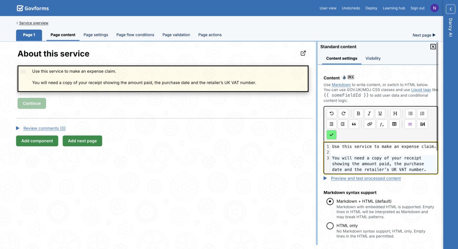 Expense claim introduction being edited in a Standard content component.