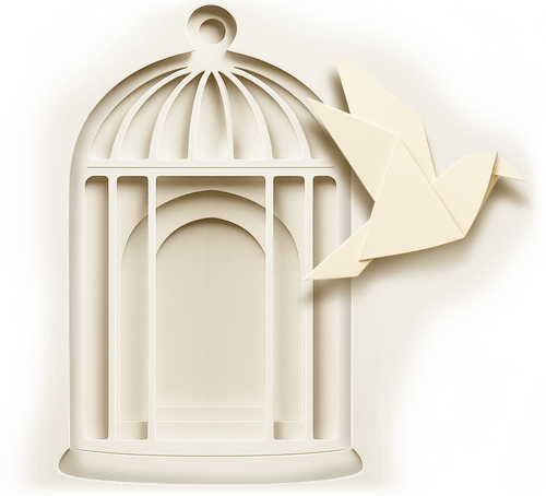 Paper illustration of a bird flying out of its cage with the door now open.