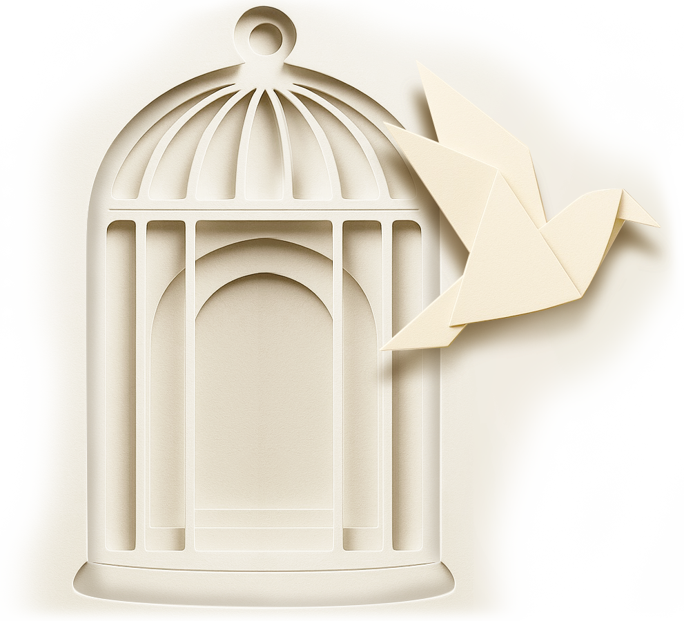 Paper illustration of a bird flying out of its cage with the door now open.