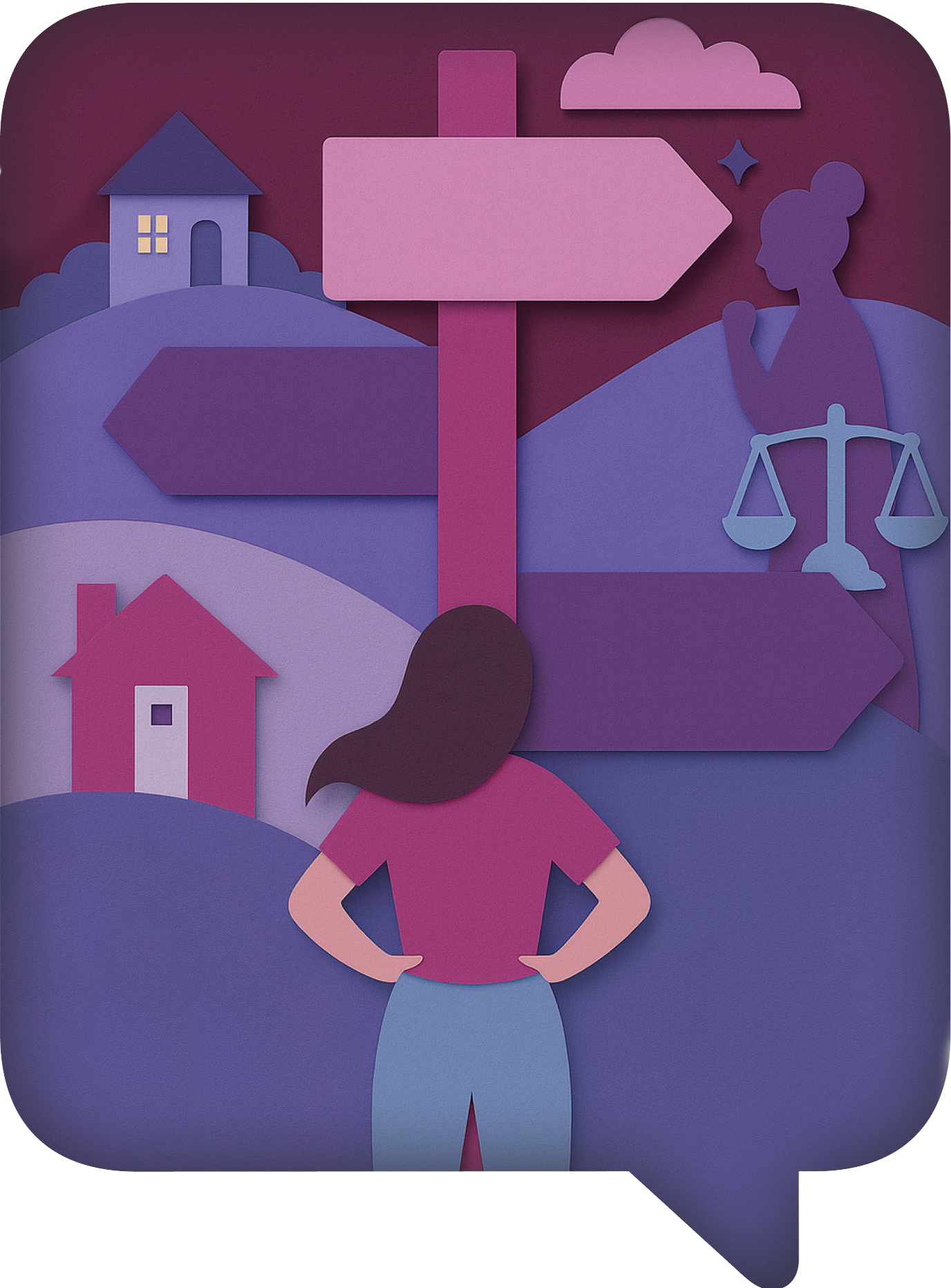 An illustrated women deciding which route she wants to go in to get help in the shape of a speech bubble.