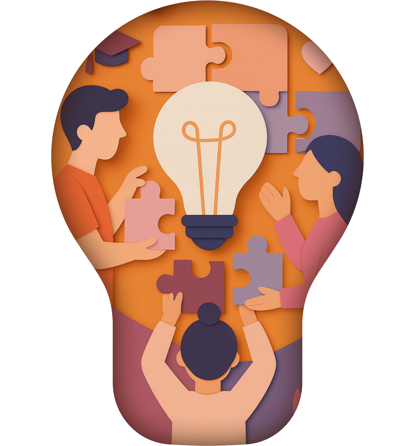 An illustration of three people helping to put together a puzzle in the shape of a lightbulb.