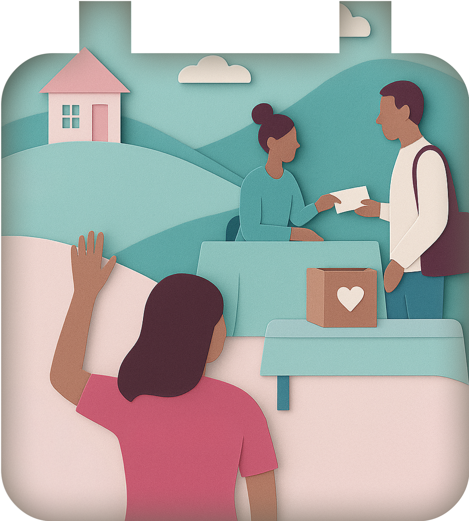 Illustration of women waving hello to a man giving a donation at an event.