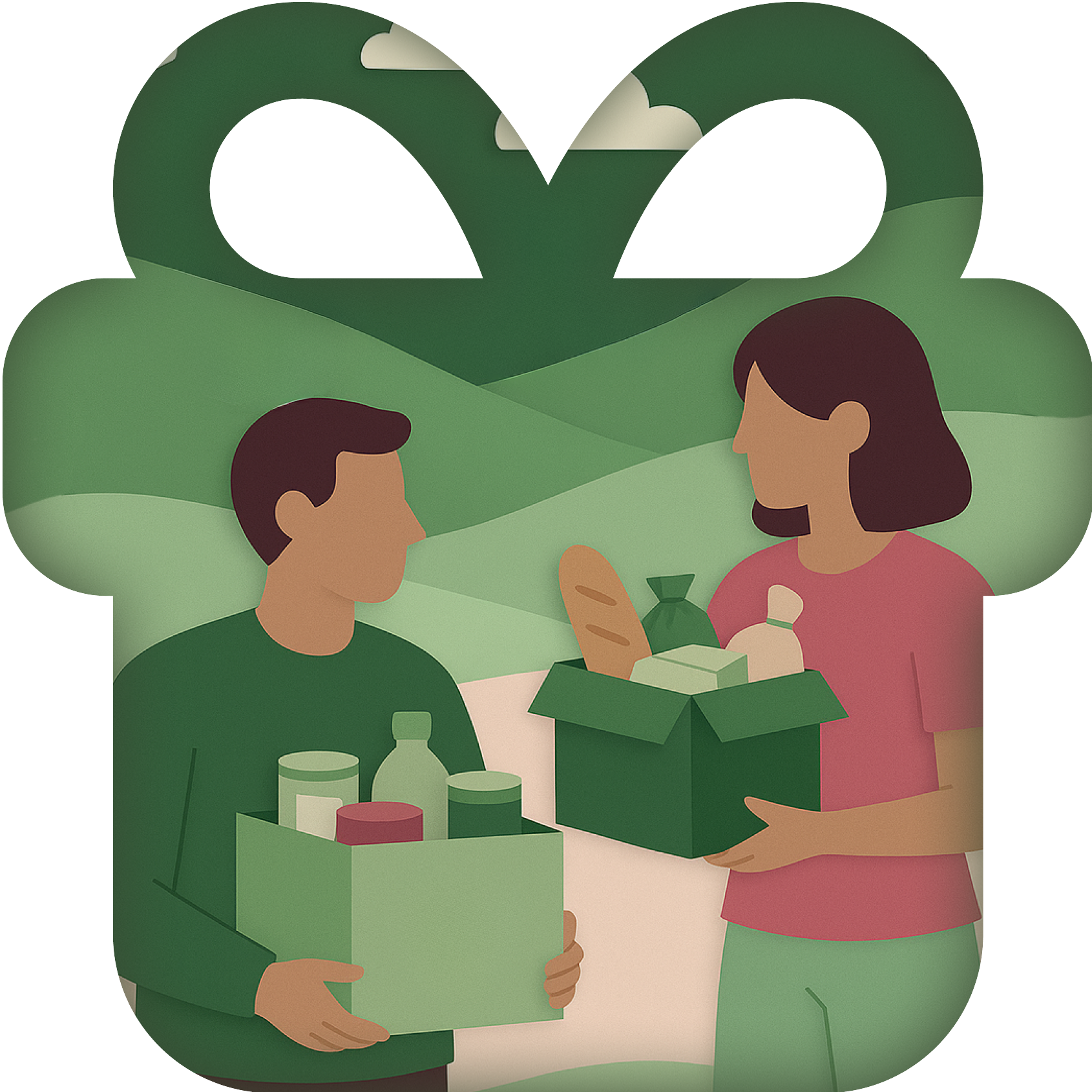 Man and women hold donation goods such as food, clothes, essentials, and more in the shape of a gift.