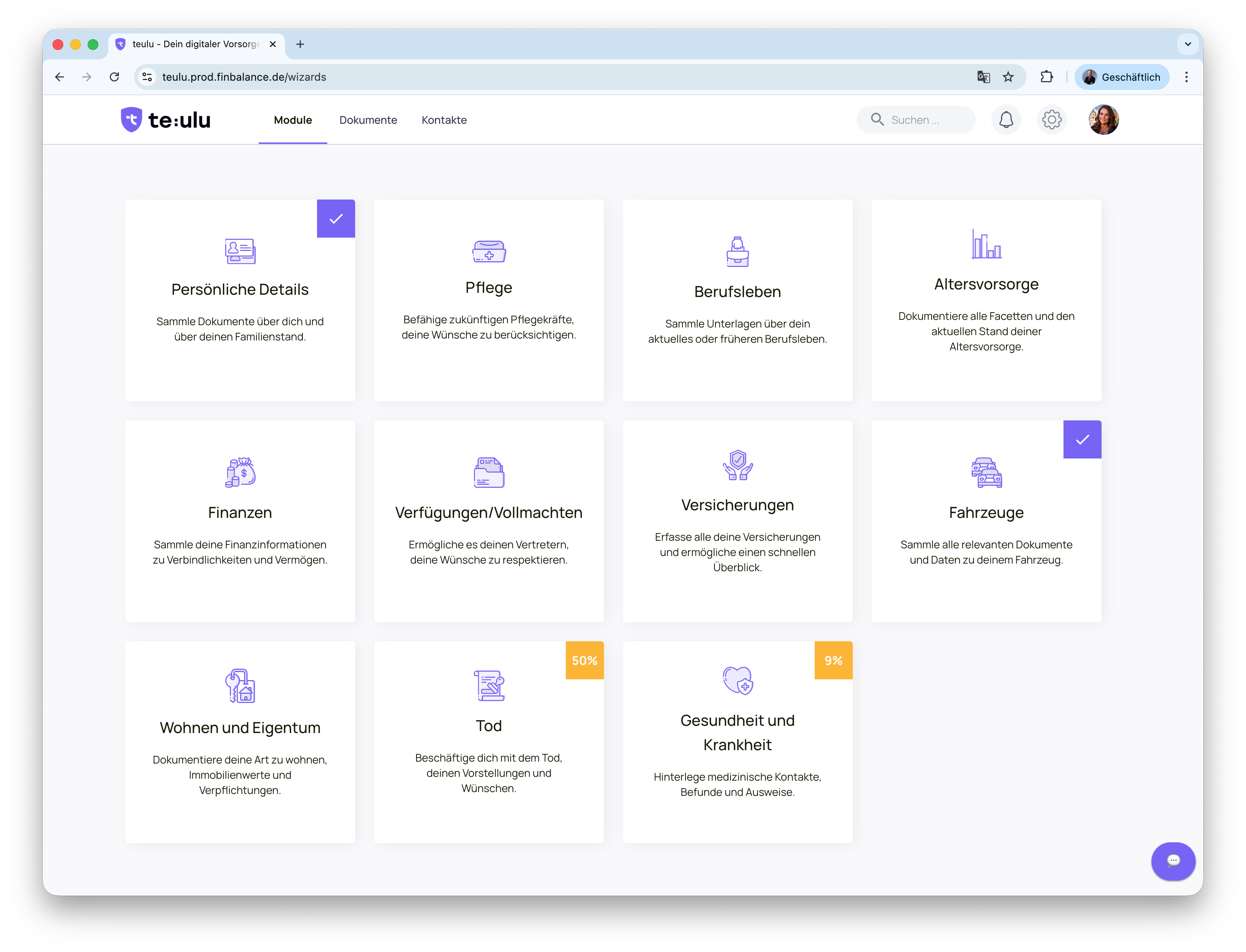 Screenshot der Startseite der Teulu Anwendung